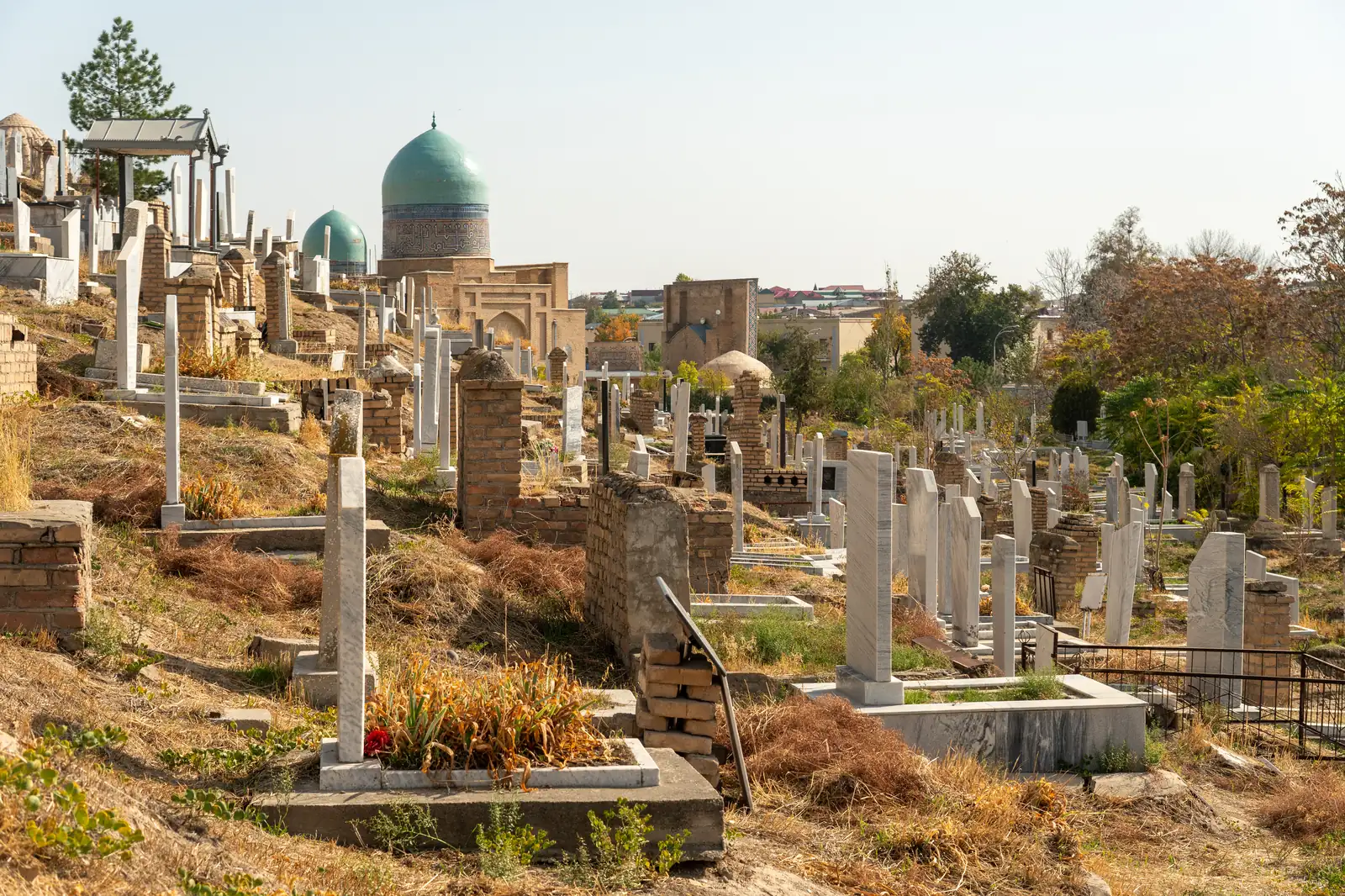How to Pray the Janazah Prayer 4 Muslim cemetery with simple headstones and a mosque dome in Samarkand